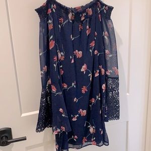 Bell Sleeve, off the shoulders, lined navy floral dress
